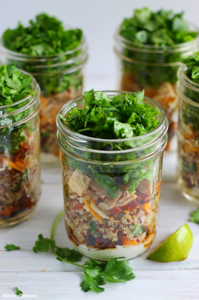 Burrito Bowl Mason Jar Salads via StrictlyDelicious